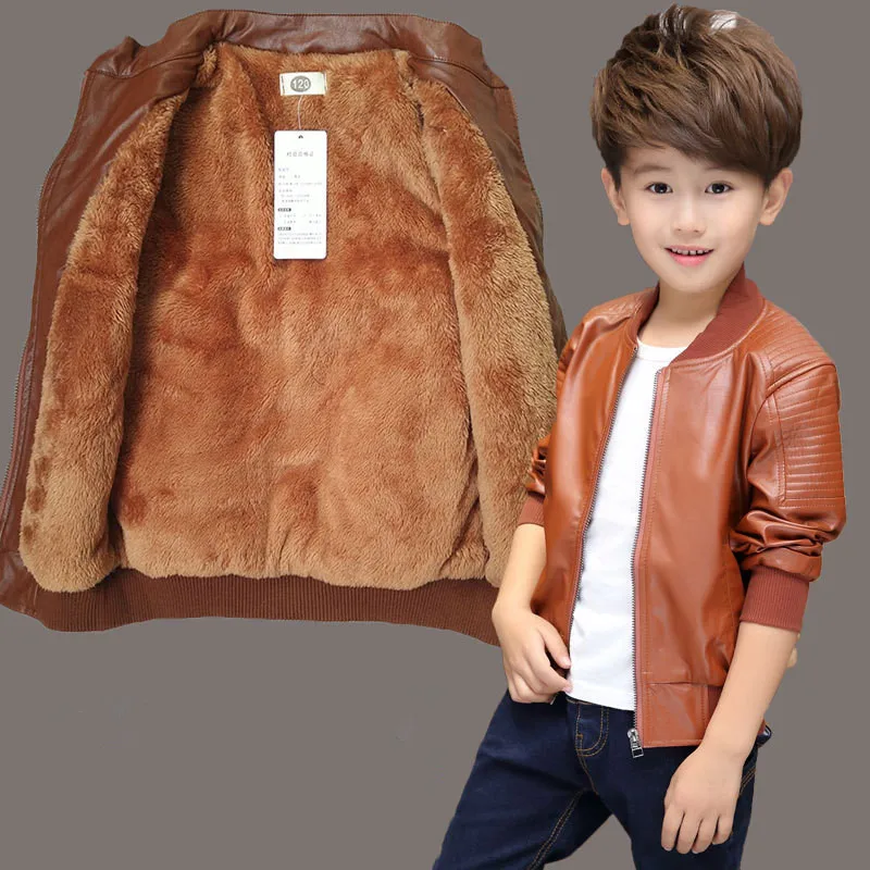 Giacca in pelle per bambini moda primavera e autunno Ragazzi Ragazze in pelle babero in pelle giacca corta in pelle - Цвет: brown Thicken