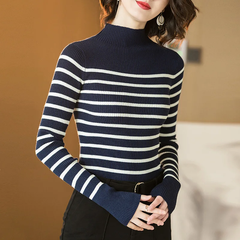Striped high turtleneck elastic knit slim pullovers sweater 2018 new women autumn long sleeve sweater