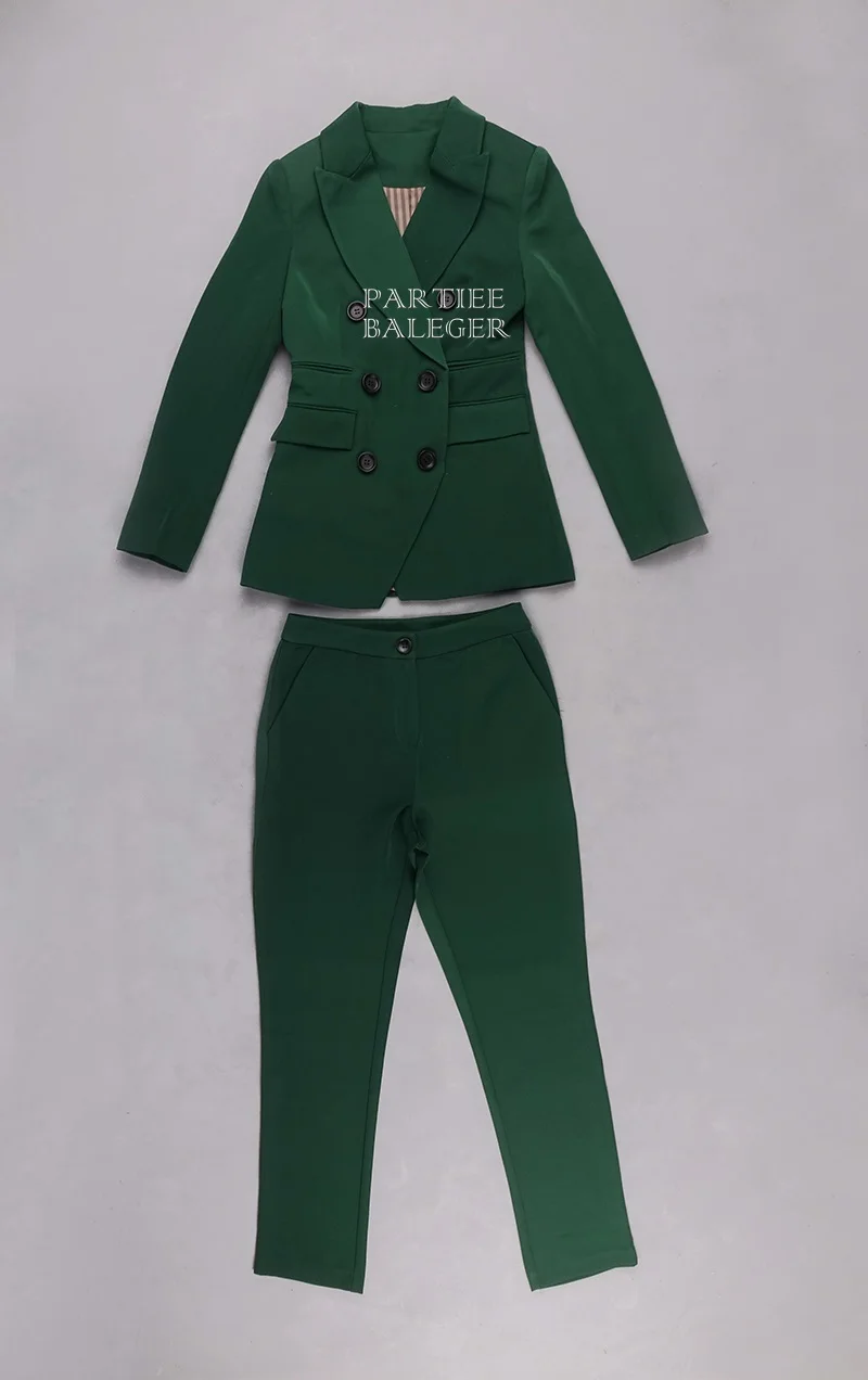 Горячее новое поступление зеленый комплект из двух предметов Turn-Down Воротник Кнопки Дизайн Длинные рукава бандаж знаменитости для вечеринок брюки костюм