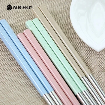 

WORTHBUY 8 Pairs Chinese Chopsticks Set 304 Stainless Steel Chopsticks With Wheat Straw Handle Food Sticks For Sushi Hashi