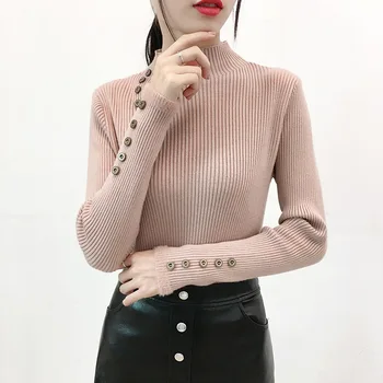 

2019 Autumn Winter Women Sweater Pullovers Long Sleeve Button Decorate Turtleneck Chic Sweater Female Solid Knit Top Soft Jumper