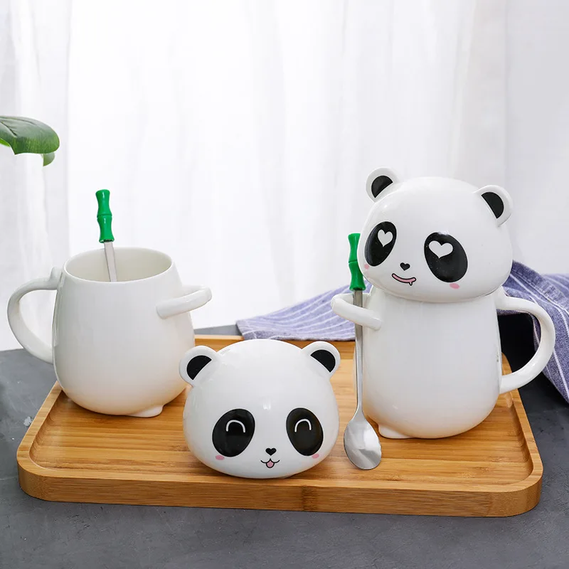 Мультяшная панда, керамическая кофейная кружка, офисные креативные чашки и кружки с ложкой, Студенческая чашка для завтрака, молока, сока, подарок для детей