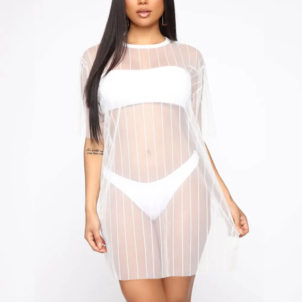 

Women's Sheer Mesh Bikini Cover Up Swimwear Women Striped Swimsuit Bathing Suit Short Sleeve Cover Ups Summer Beach Dress