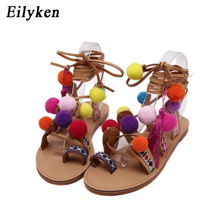 

Eilyken Bohemia Style Fringed Pompoms Lady Gladiator Fringed Sandals Shoes Cross Strap tie up Women Flats Sandals size 35-40