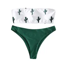 Для женщин сексуальный купальник бикини с открытыми плечами, без бретелек и изображением мультяшного кактуса, бандо Бикини с низкой талией, с высокой сплошной купальник с узором пляжная одежда 5 стилей