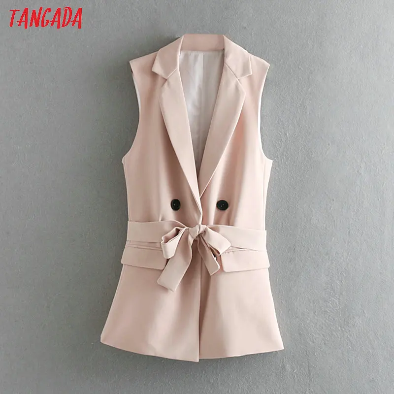 

Tangada women pink elegant long vest coat korean style ladies long waistcoat sleeveless bow belt outwear female CE112
