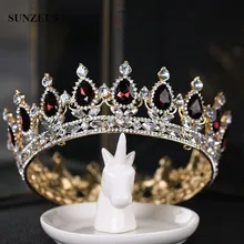 Luxury Round Queen Crowns Shinny Crystal Gold Bridal Tiara With Burgundy Rhinestones New Princess Marrige Accessory SQ0295