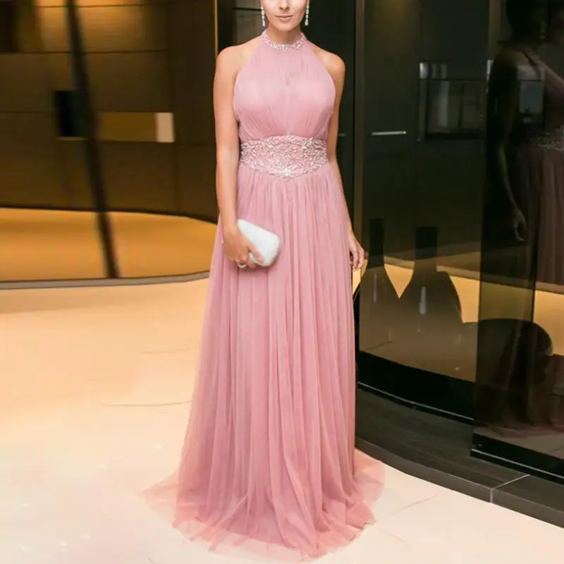 

Women's dress elegant Sexy Halter Sleeveless Slim Fit Hanging Neck Mesh Stitching wedding party Bridesmaid A-line Long Dress