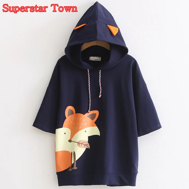

Female Fox Hoody Shirt Harajuku Summer Lolita Fox T-Shirt With Ears Mori Girl Kawaii Clothes Women Hoody T-Shirts