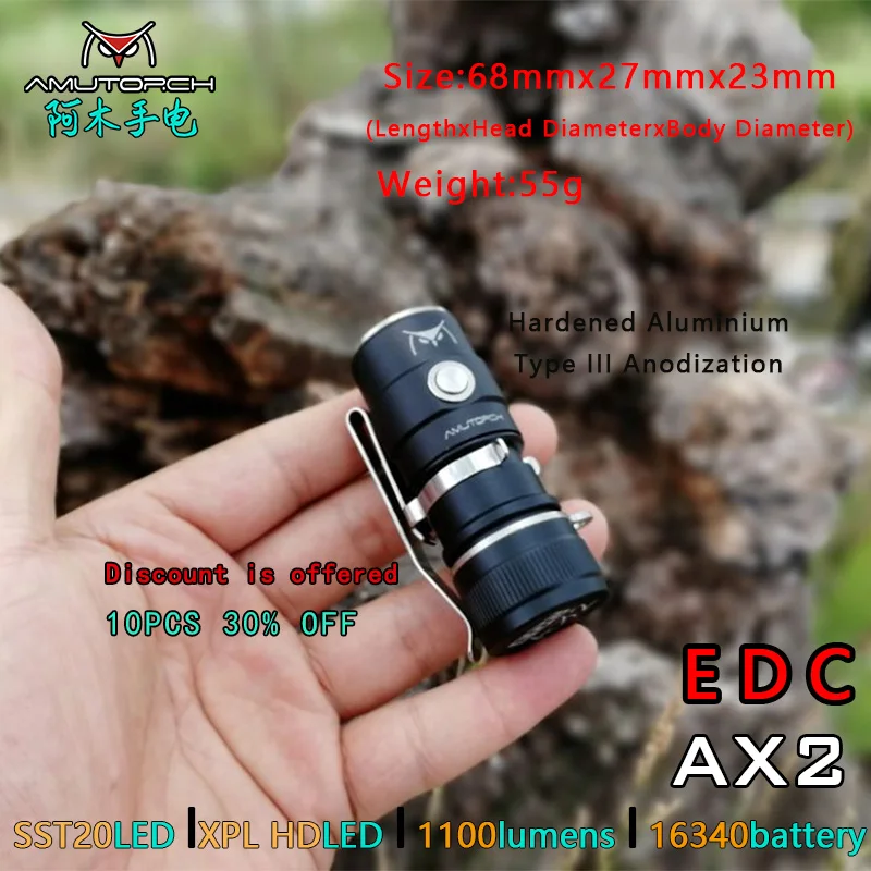 Amutorch AX2 XPL HD/SST20 мини светодиодная вспышка светильник 1100 лм мощный 16340 или 18350 Аккумулятор для повседневного использования, флэш-светильник брелок Светильник ручной фонарь