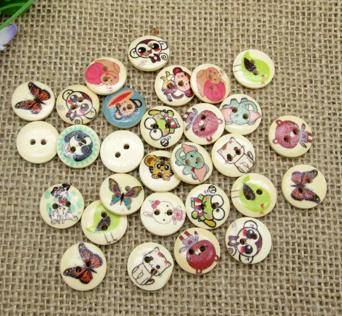 100pcs 15mm Mixed Round Animal Cat Wooden Buttons For Clothes Crafts