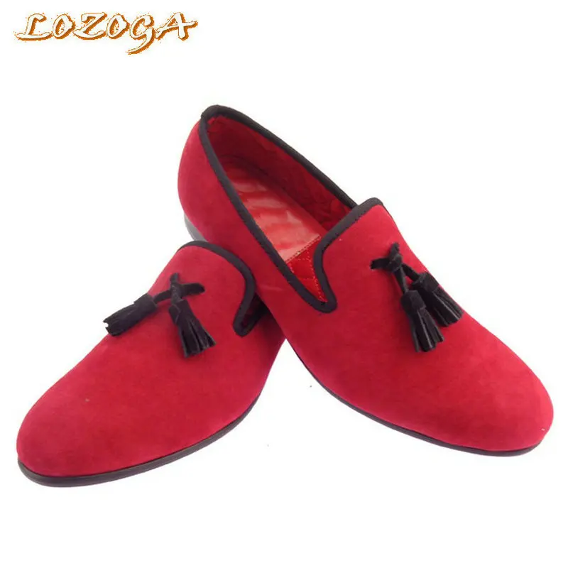 Basic Men Shoes Fashion Velvet Casual Shoes Red/Black Loafers Handmade Tassel Top Quality Brand Leisure Flat Shoes Slip On Comfy