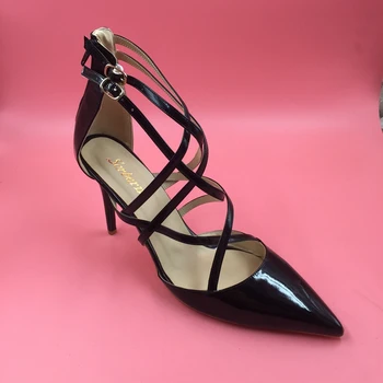 

Patent Leather Black Women Pumps Pointed Toe Ladies Pumps Spring Style Cross Tied OL Shoes Women Size 15 Stilettos High Heels