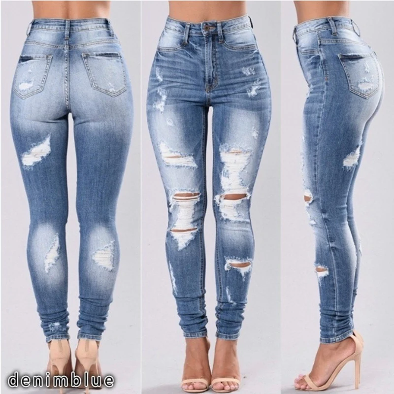 Модные Узкие скинни женские джинсовые брюки джинсы-варёнки Для женщин стрейч облегающие джинсы до пояса рваные джинсы Дырчатые джинсы S-3XL