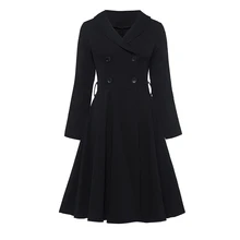 Bohoartist Women Overcoat 2017 Autumn Black V Neck Double Breasted Button Solid Vintage A Line Elegant