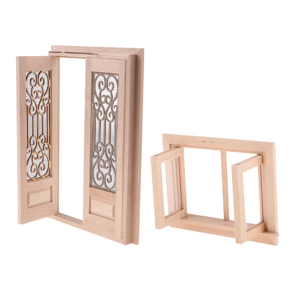 1/12 Scale Dollhouse Miniature Wood External Hollow Screen Double Door & Window Unpainted Furniture for Dolls House Accessory