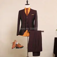 Последние конструкции пальто брюки бордовый смокинг жениха Шерсть Формальные шафер жених мужские свадебные костюмы(куртка+ брюки+ галстук+ жилет