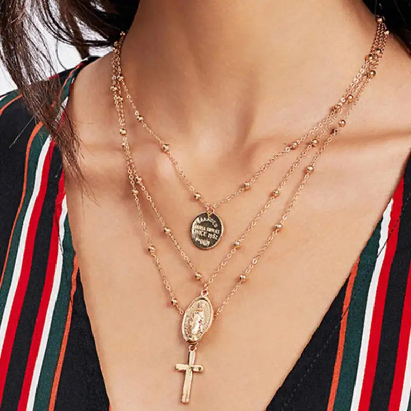

Retro2019 Exaggerated Personality Charm Necklace Alloy Virgin Cross Multilayer Pendant Necklace Women's Gift Jewelry