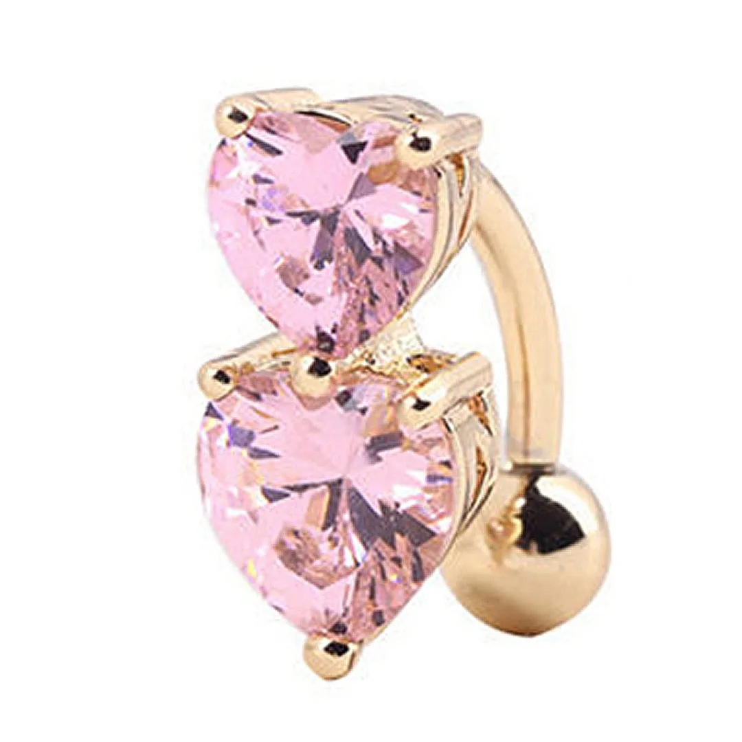 Vintage Charming Stainless Steel Crystal Bar Belly Button Rings Body Piercing ombligo Two Heart Sexy Bikini Navel Ring Shellhard