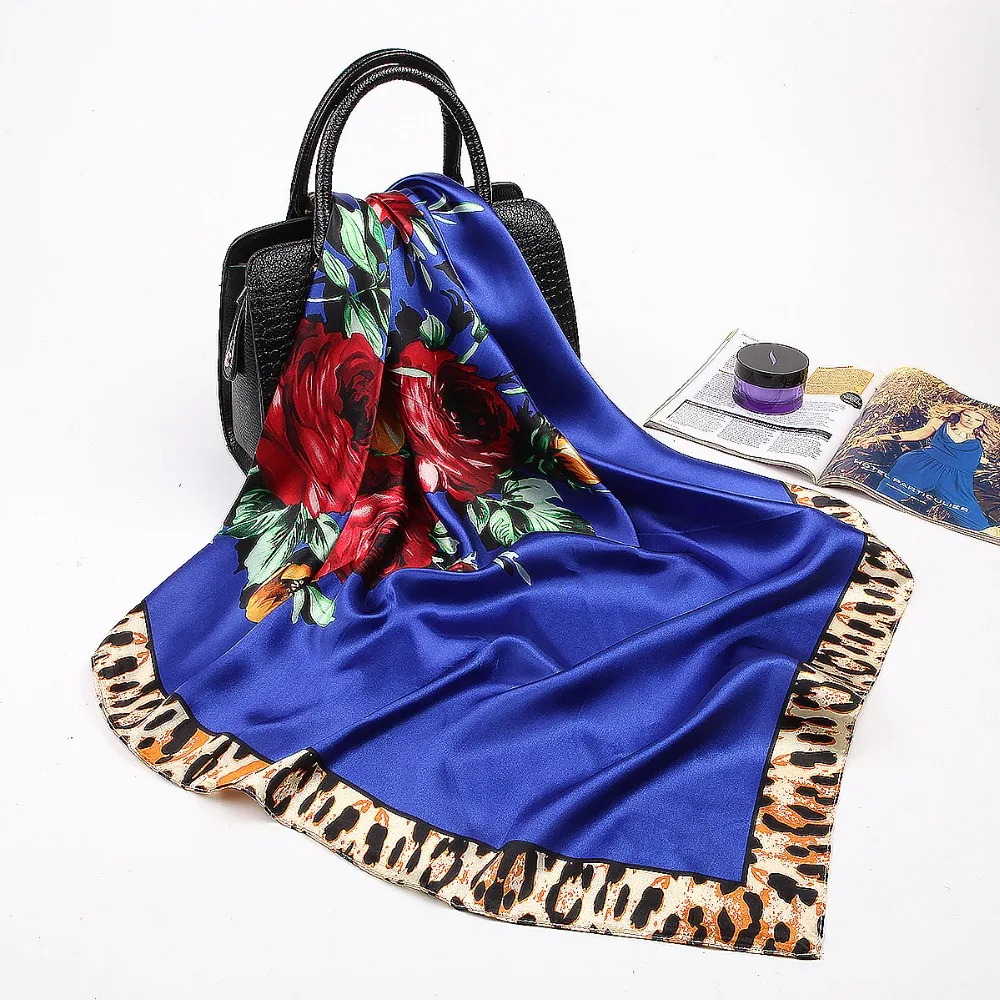Шелковый шарф для женщин Европейский Леопардовый принт квадратный платок шарфы обертывания роскошный бренд Женские платки атласные платки хиджаб шарфы 90*90 см