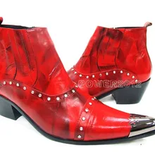 Британский стиль мужские сапоги на высоком каблуке обувь из натуральной кожи красные, черные Армейские сапоги Острый носок платье Водонепроницаемый зимние сапоги