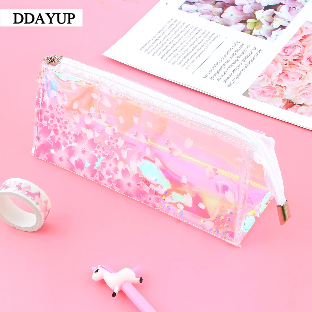 

Transparent Pink Sakura Shiny Laser Pencil Case School Supplies Pencil Bag Cute Stationery Office School Supplies
