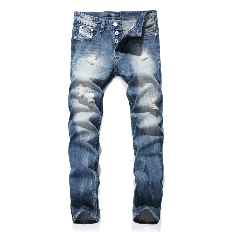 

Night Club White Buttons Jeans Men Denim Blue Ripped Jeans Trousers 29-40 High Quality Cotton Hip Hop Men`s Brand Jeans Uomo 963