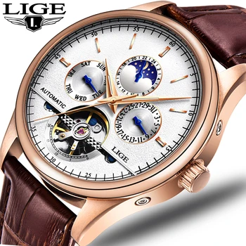 

LIGE Fashion Watch Luxury Brand leather Tourbillon Watch Automatic Men Wristwatch Men Mechanical Steel Watches relogio masculino