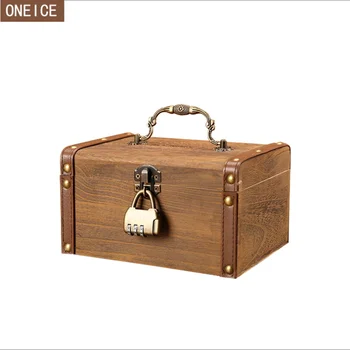 

Retro piggy bank, wooden manual password locked child coin box, banknotes and coins, safe money saving money box