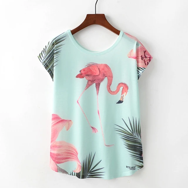 2019 Summer Women Short Sleeve O Neck T Shirt Flamingo and Watermelon Print Wemen's Clothing Lovely T-shirt Top Size M L XL