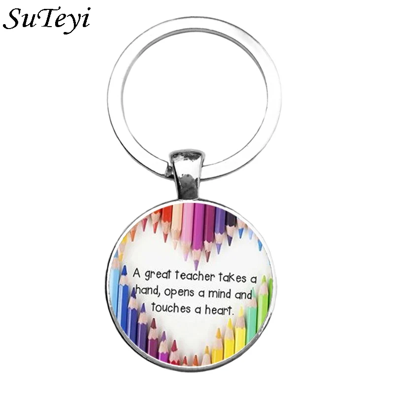 

Suteyi Round Keychains Glass Pattern Letter Thank You Teacher Keyring Teacher's Day Gift Time Gem Glass Key Chain Holder