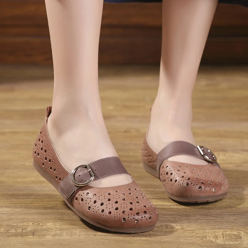 

Retro Art Genuine Leather Buckle Strap Mori Girl Flats Sandals Hollow Breathable Summer Shoes