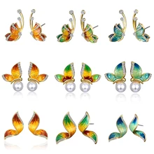 Горячая бабочка серьги эмалированные серьги-гвоздики Стразы Имитация жемчуга женские Девушки Дети вечерние ювелирные изделия серьги-гвоздики