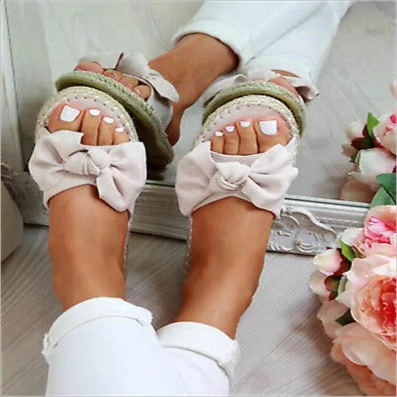 

Slippers Women Terlik Woman Slip On Sandals Bow Flat Hemp Linen Summer Sliders Espadrille Shoes Chanclas De Mujer