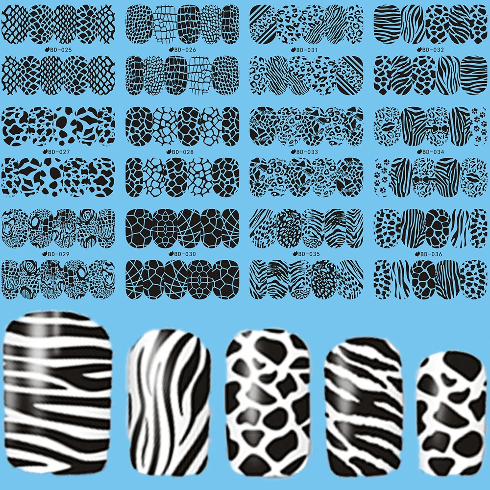 

12 Designs in 1 Set Mixed Design Nail Art Full Cover Black Nails Water Transfer Sticker Temporary Tattoo Tools BEBD25-36