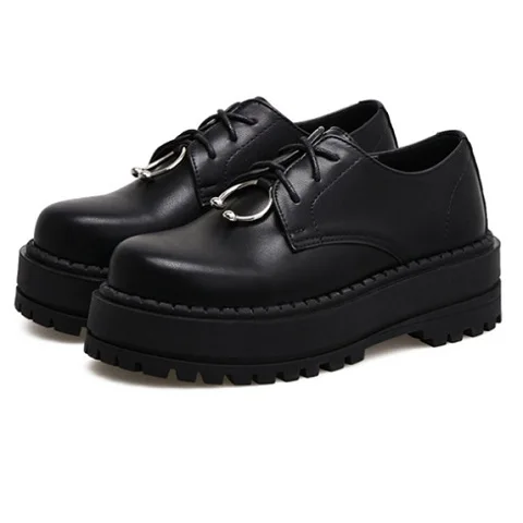 Повседневные винтажные кожаные туфли на толстой подошве в британском стиле; женские туфли в стиле ретро на плоской платформе со шнуровкой в стиле Харадзюку; обувь на толстой резиновой подошве для колледжа - Цвет: black 2391