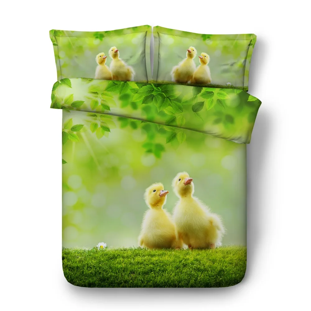 Lovely yellow ducks teddy bear bedding for kids 4pcs green bed linen girls small animal bed