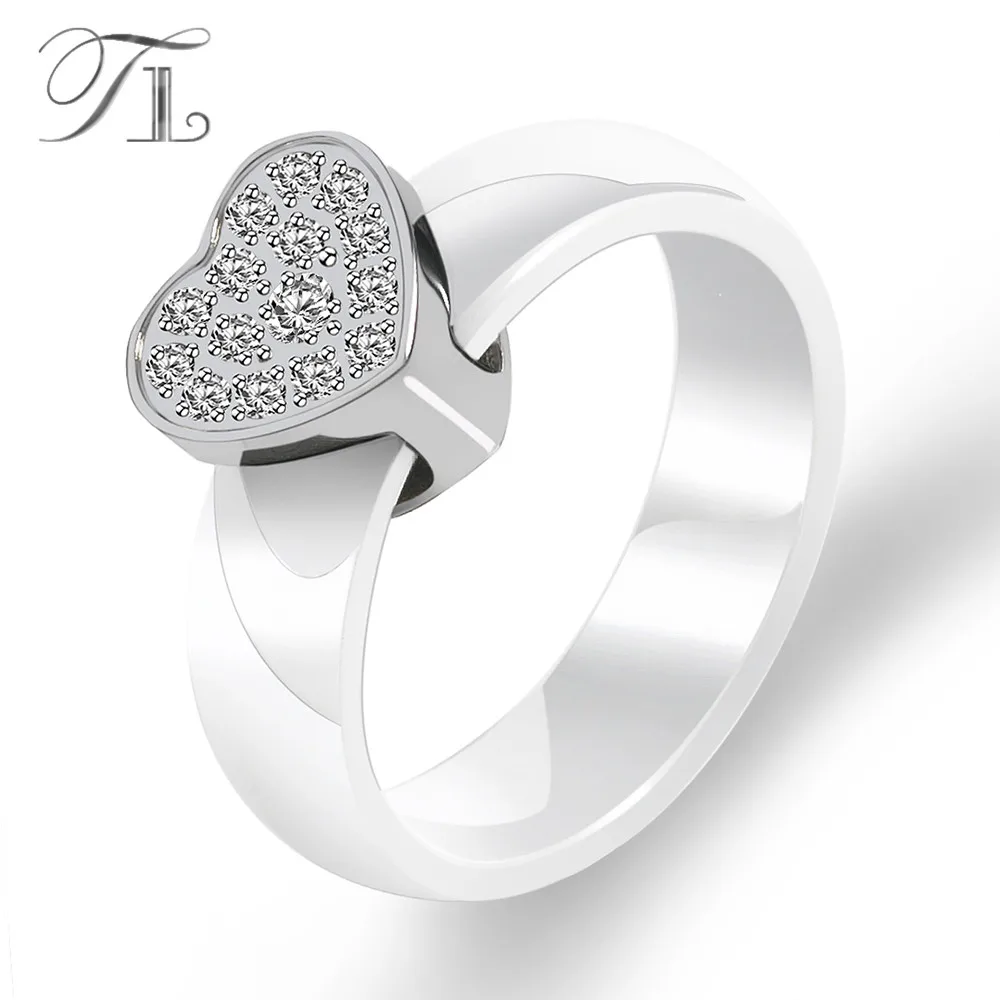 

TL Fashion New White &Black Ceramic Rings for Women Brand Wedding Stainless Steel Rings Cubic Zircon Love Heart Ceramic Jewelry