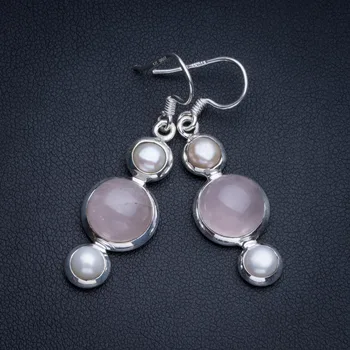 

Natural Rose Quartz and River Pearl Boho Style 925 Sterling Silver Drop Earrings 1 1/2" R1891