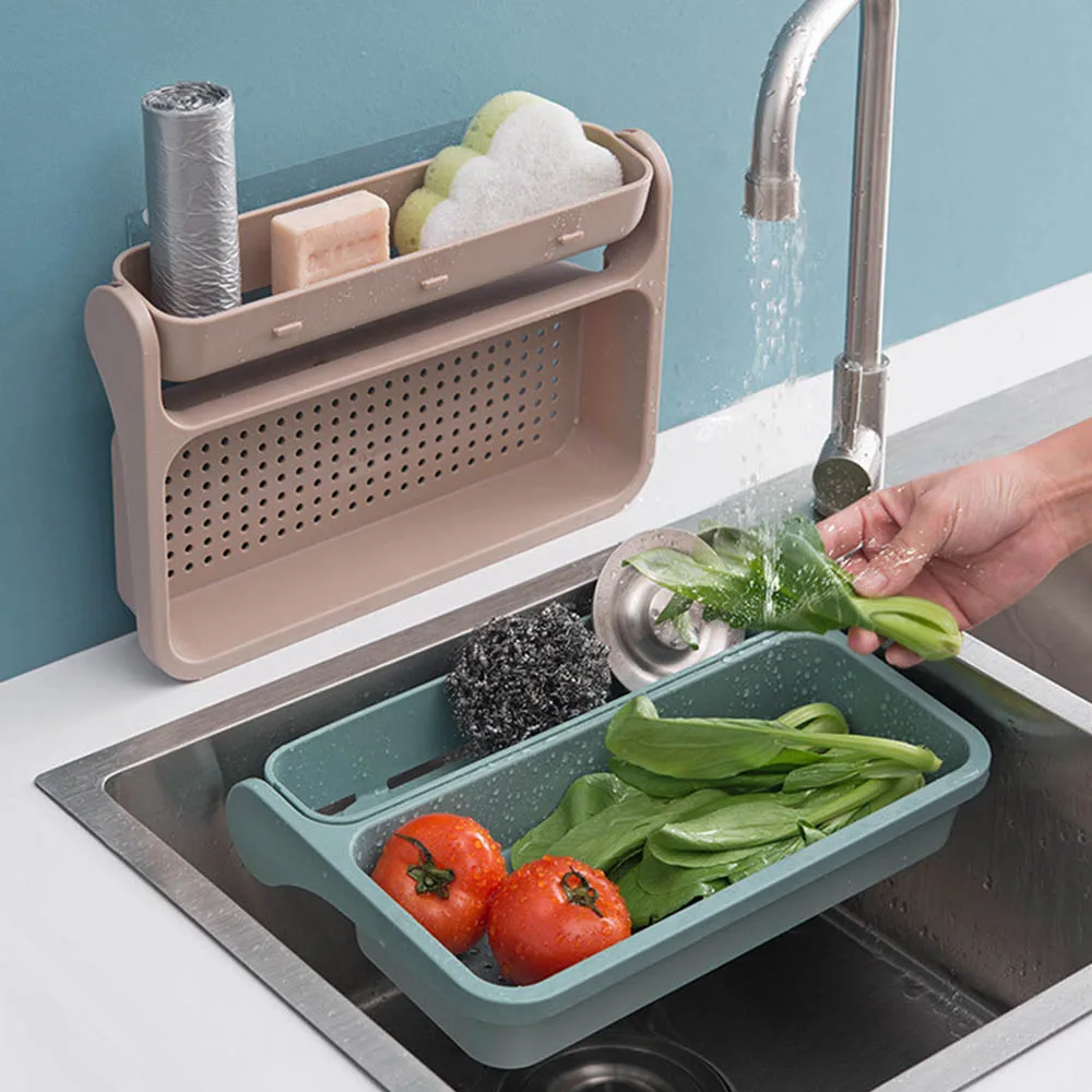

Kitchen Organizer Portable Folding Vegetables Drain Rack Tray Dish Drainer Drying Rack Sink Basket Sponge Holder Home Storage