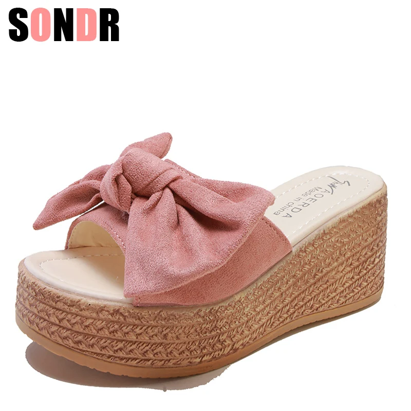 

Big Bowtie Woman Beach Flip Flops Summer Sandals Slip- Resistant Slippers Platform Sandals Size 35-40