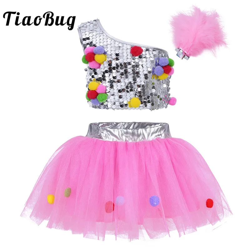 

TiaoBug Pink Girls Ballet Tutu Stage Jazz Dance Costumes Set Kids One-Shoulder Sequined Crop Top with Mesh Tutu Skirt Hair Clip