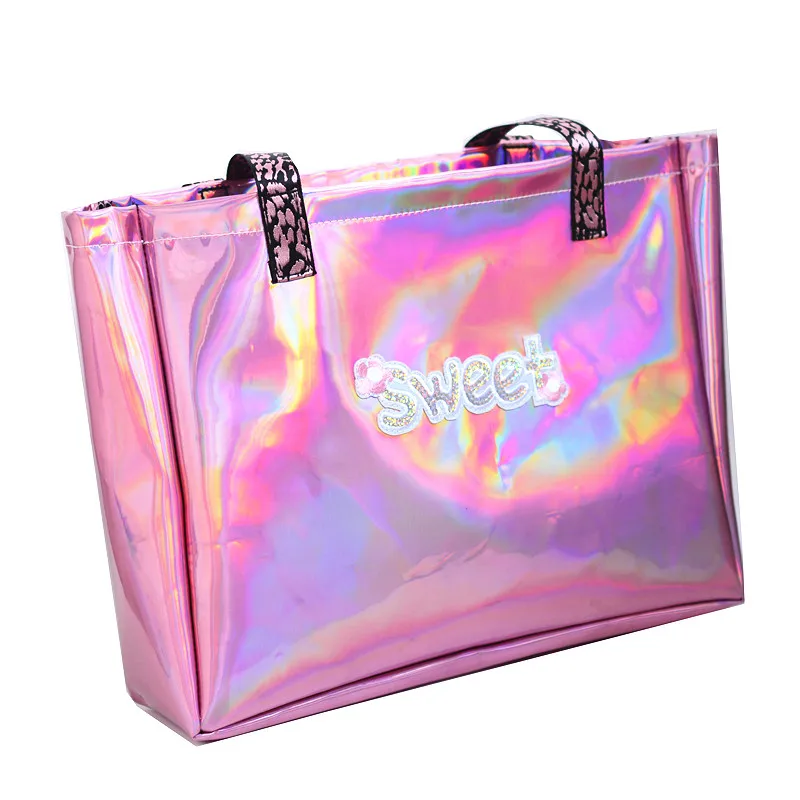 Дизайнерская розовая Женская сумка, модная Большая вместительная пляжная сумка для покупок, милая голограмма, Высококачественная кожаная сумка на плечо, большие женские сумки