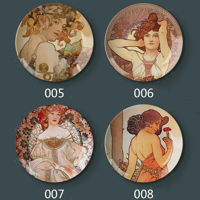 8"/10" Plates Alphonse Maria Mucha Art Nouveau Paint Wall Hanging Home Hotel Decorative Dishes Plates 2