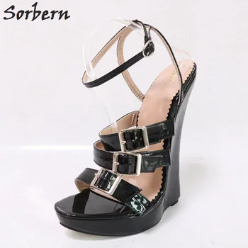 

Sorbern Black Shiny Women Sandals Wedge Heels 2018 Women High Fashion Heels Summer Style Platform Sandal Wedge Heels 2019 New