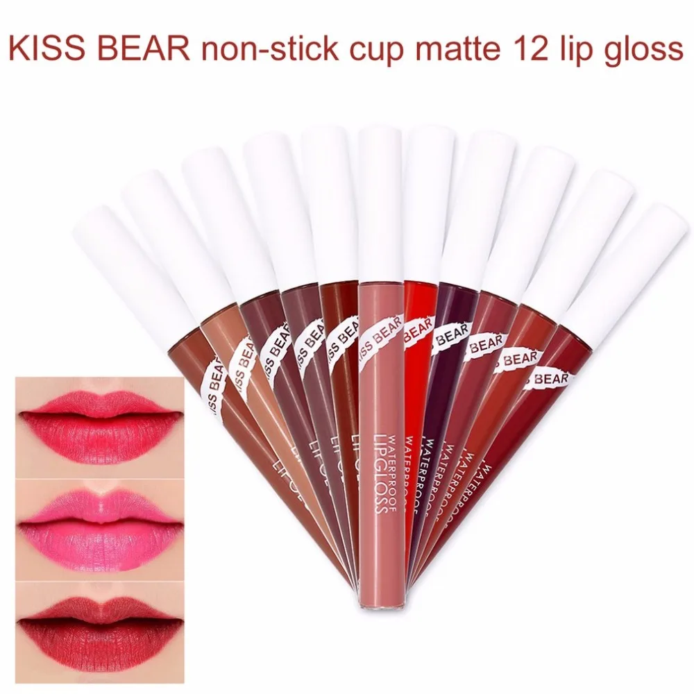 KISS BEAR Liquid Lipstick Matte Waterproof 12 Colors Lip Gloss Lip Paint Lipstick Long Lasting Lip Gloss Lip Makeup