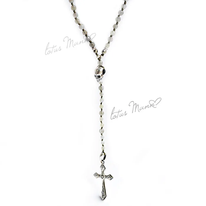

Lotus mann sterling silver labradorite flash stone cross design long necklace rosary necklace