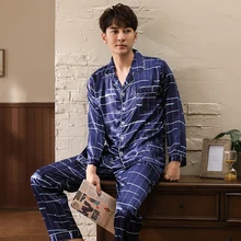 Осенне-зимний мужской шелковый пижамный комплект с длинными рукавами, кардиган с отложным воротником, удобная мягкая Пижама для отдыха, большие размеры