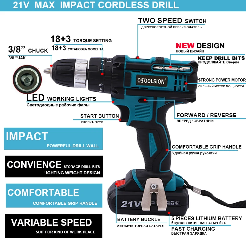 Новинка, 21 в, ударная электрическая дрель, электрическая дрель с переменной скоростью, ударные шуруповерты, 1,5 мАч, ударная Аккумуляторная дрель, литиевая батарея, для дома, сделай сам