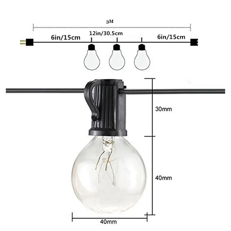 AC110V 220 V 3 метра 10 лампочек G40 прозрачная гирлянда для одежды L Рождественские Свадебные огни наружная садовая Праздничная декорация для